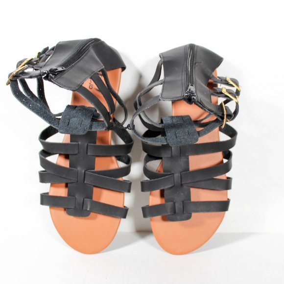NWT Rue 21 Black Faux Leather High Ankle Strappy Gladiator Sandal Gold Buckles - Picture 2 of 7
